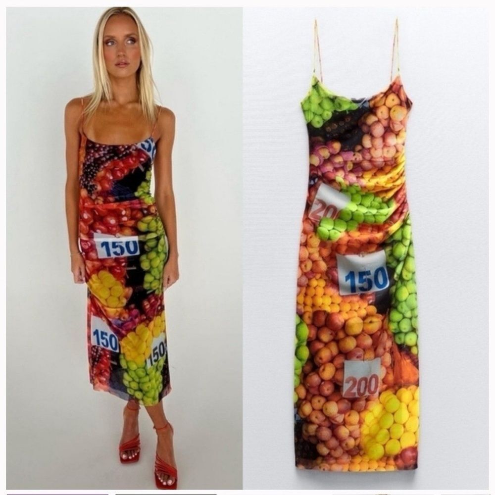 Zara Fruit Stand Print Mesh Ruched Blogger Travel Photoshoot Maxi Dress M NWT